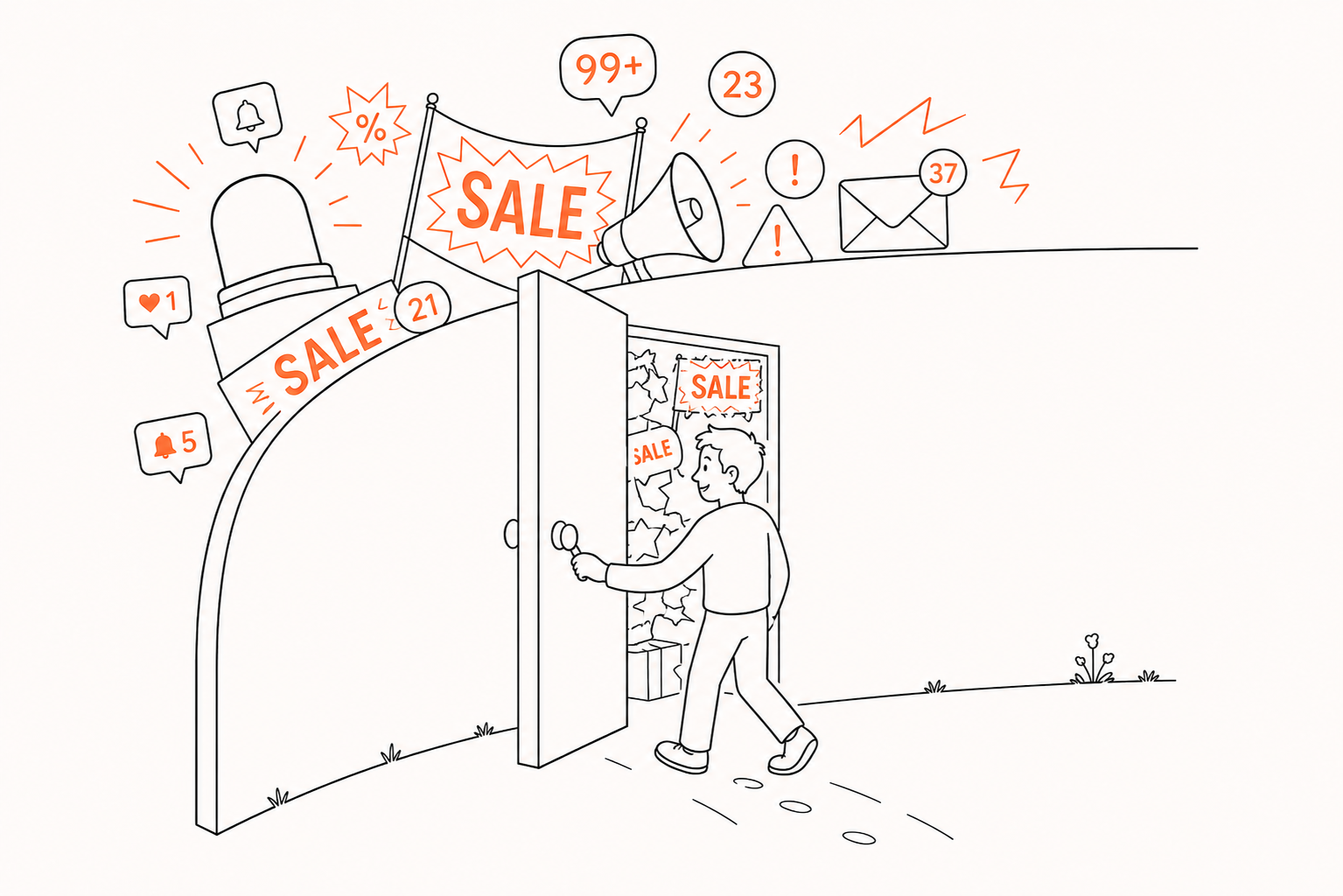 A person opens a door from the inside out into a barrage of marketing noise - sale signs, notifications, and a megaphone