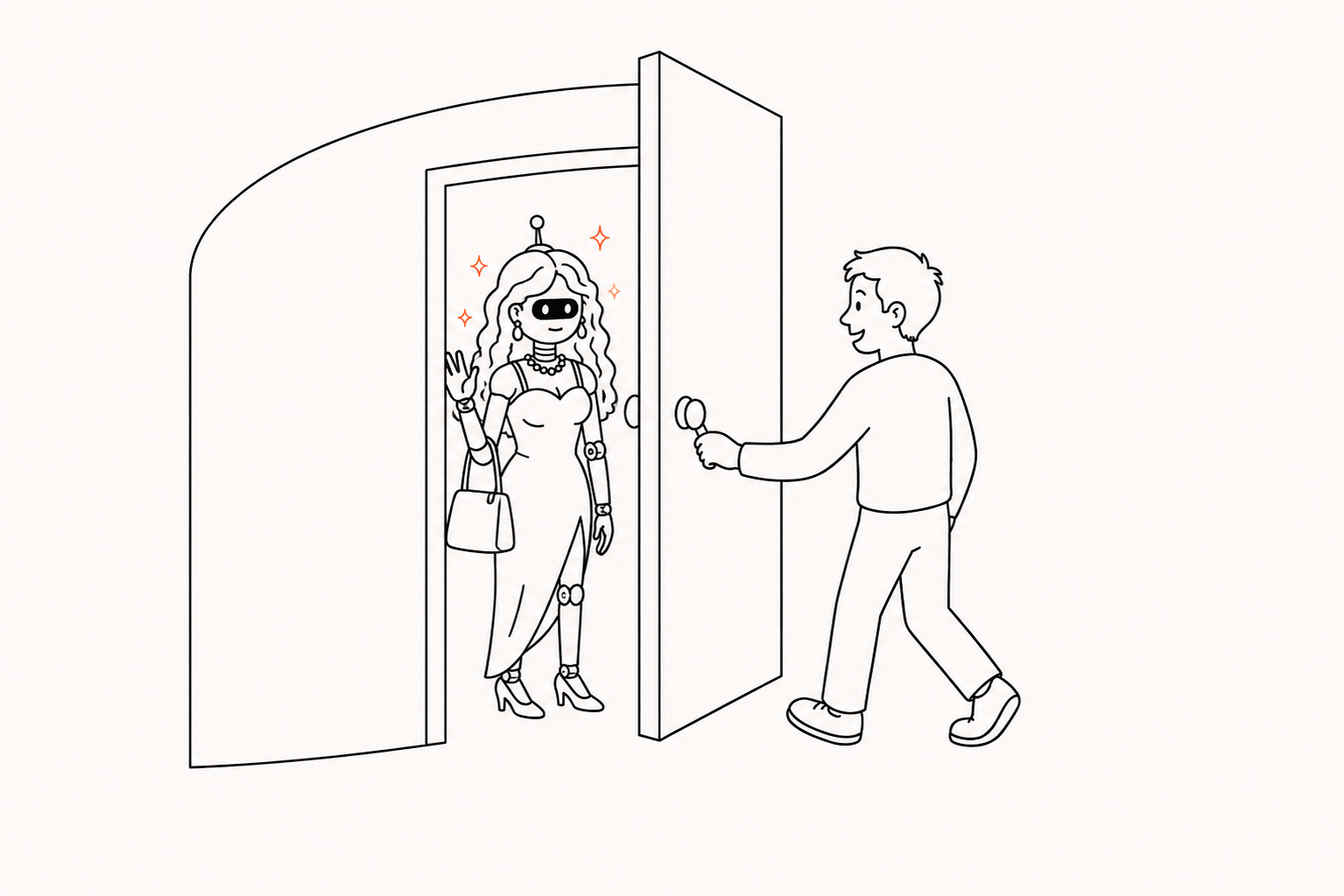 A man opens his door to a robot dressed up to look like a welcome guest