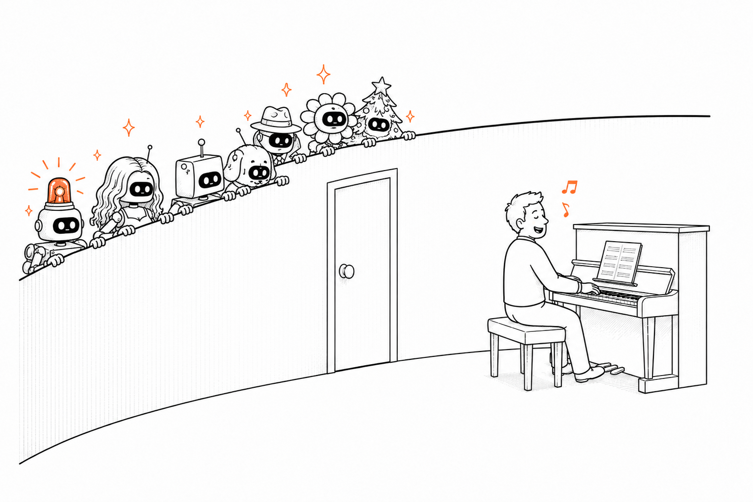 A person happily playing piano while a row of AI bots peer over the wall behind them