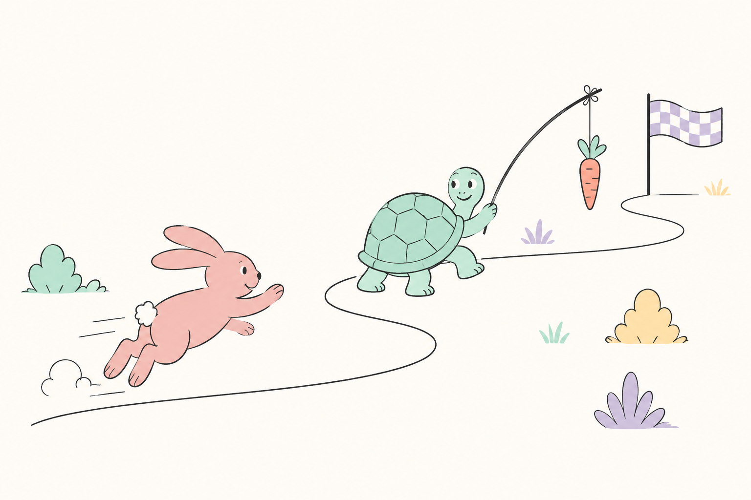 The tortoise and the rabbit race: the tortoise dangles a carrot from a stick to lead the rabbit toward the finish line