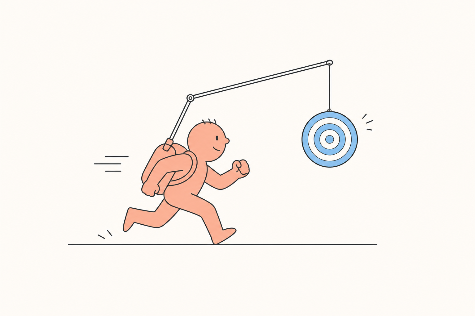A person runs after a target dangling from a stick attached to their own backpack, so it moves whenever they do