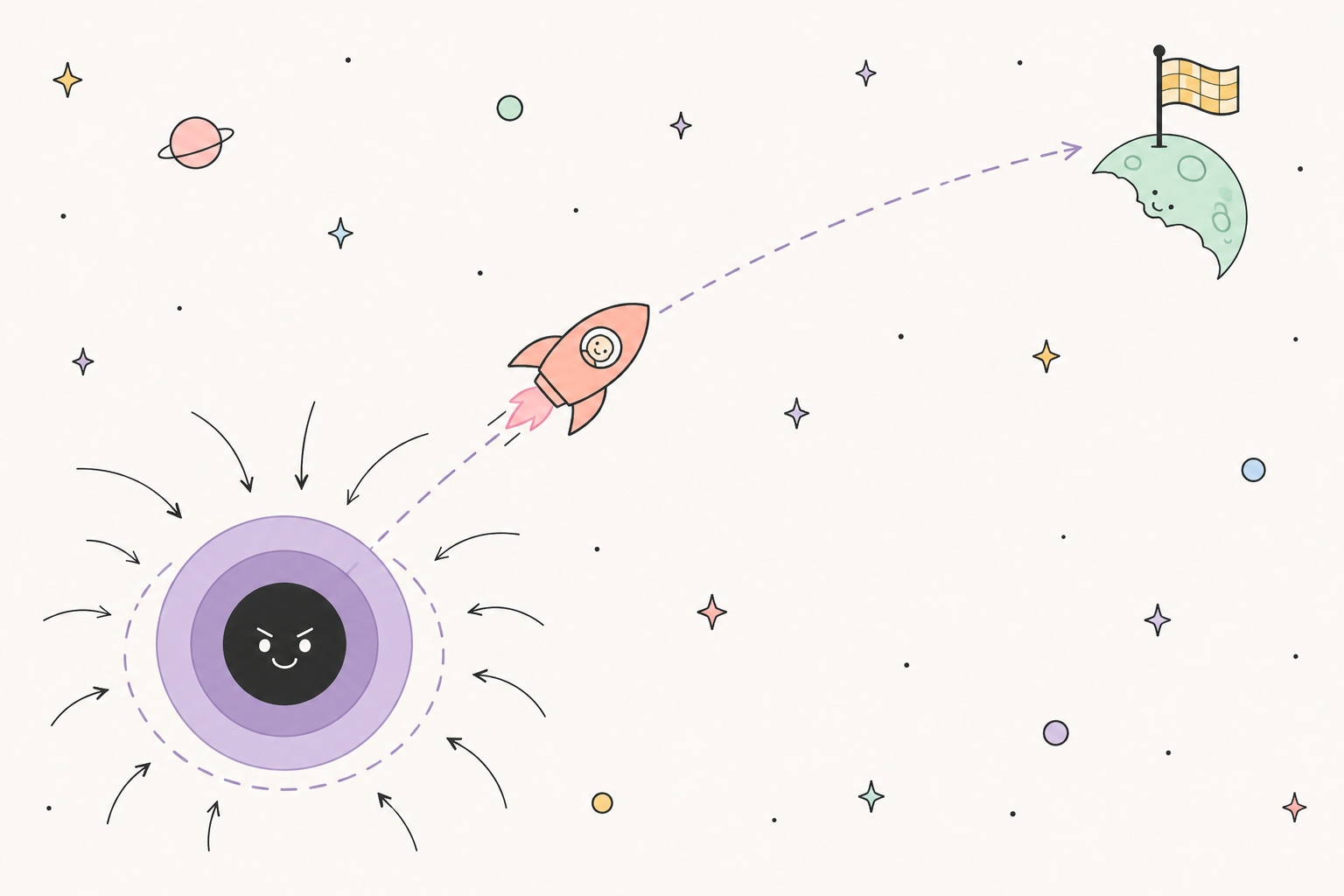 A rocket escapes orbit around a smiling black hole and follows a dashed path to a moon with a checkered finish flag