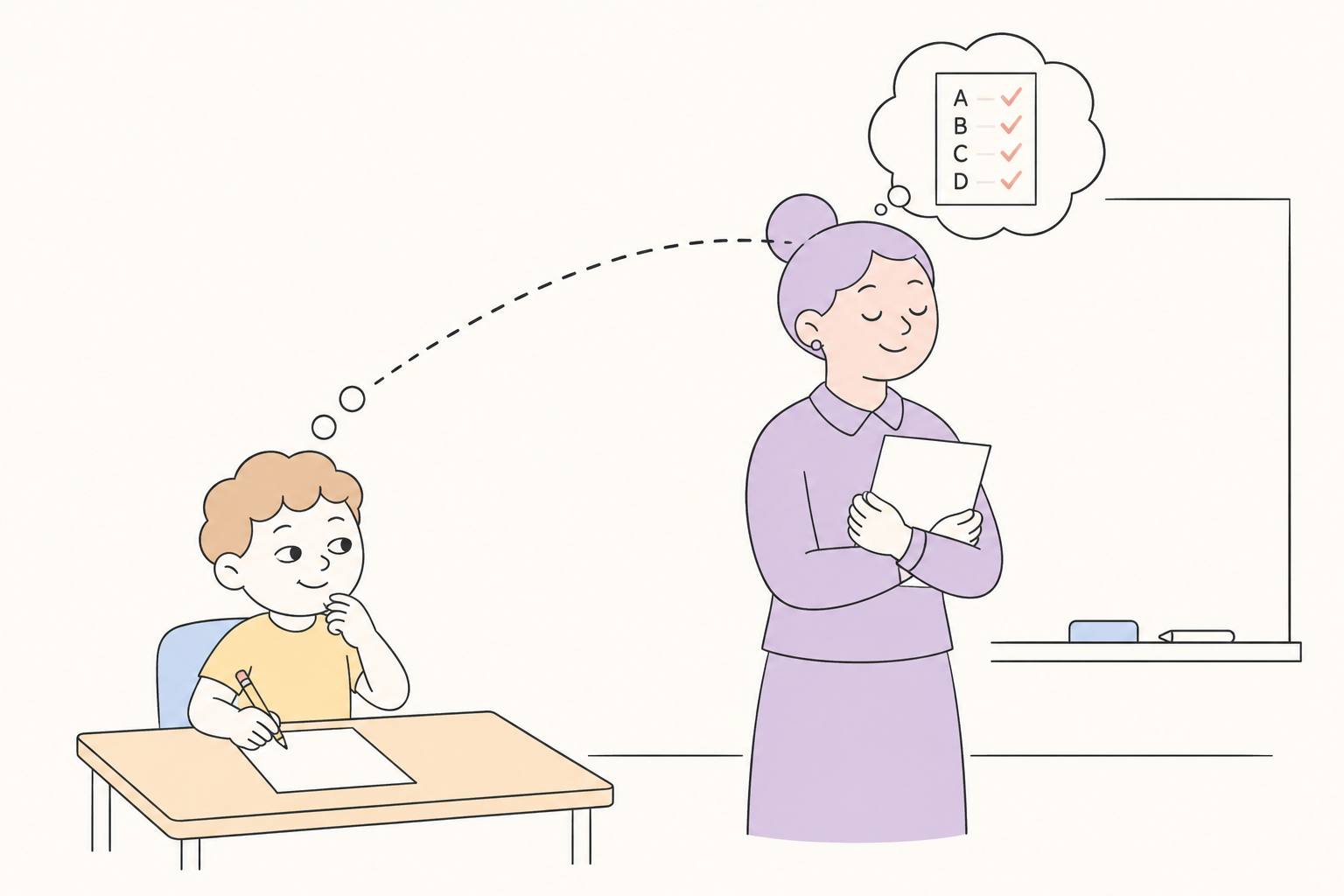 A student at his desk reads the examiner's mind: a dashed line connects his thoughts to the answer sheet the teacher is thinking about