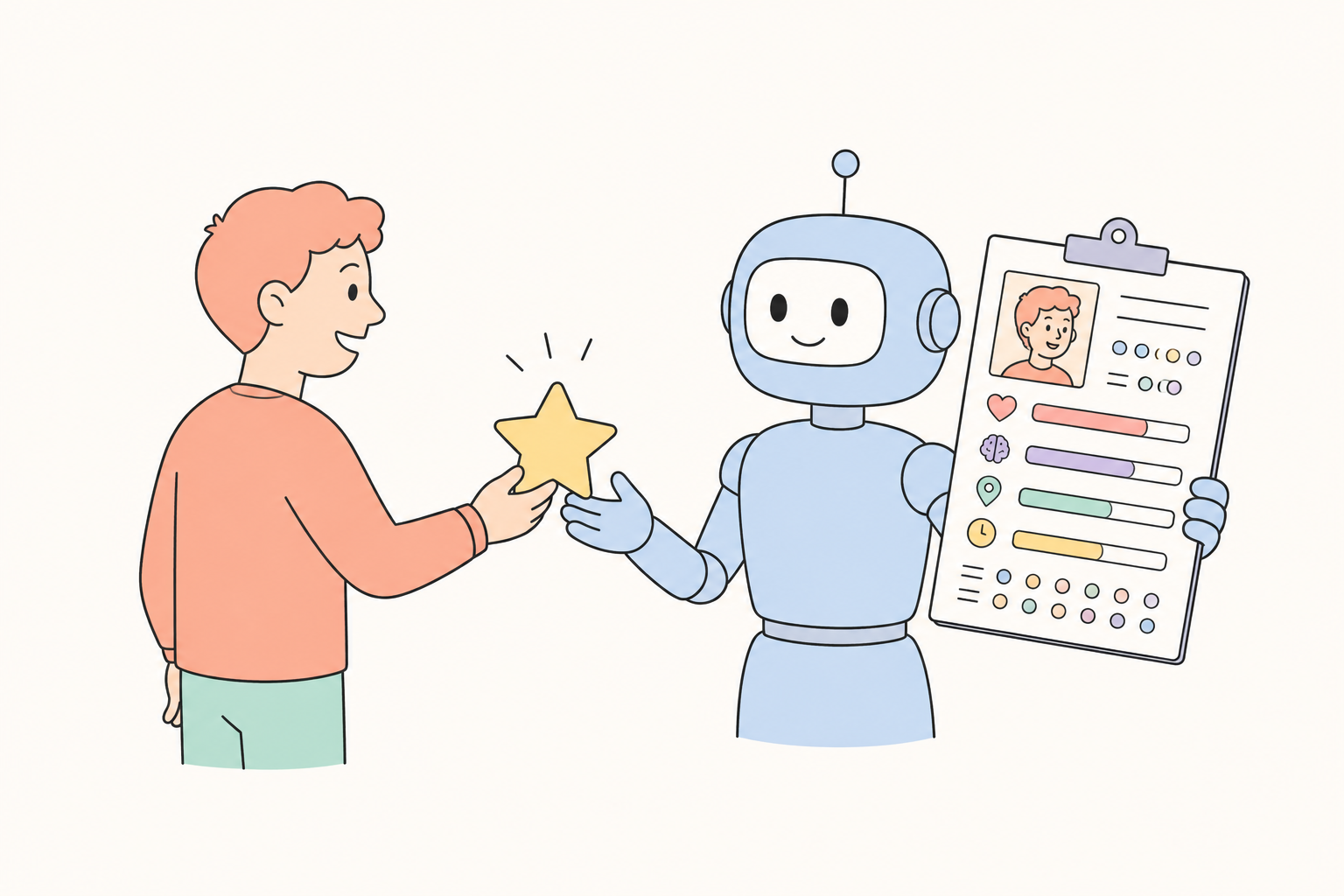 A person hands a gold star to a robot holding a clipboard full of personal details it has collected about them