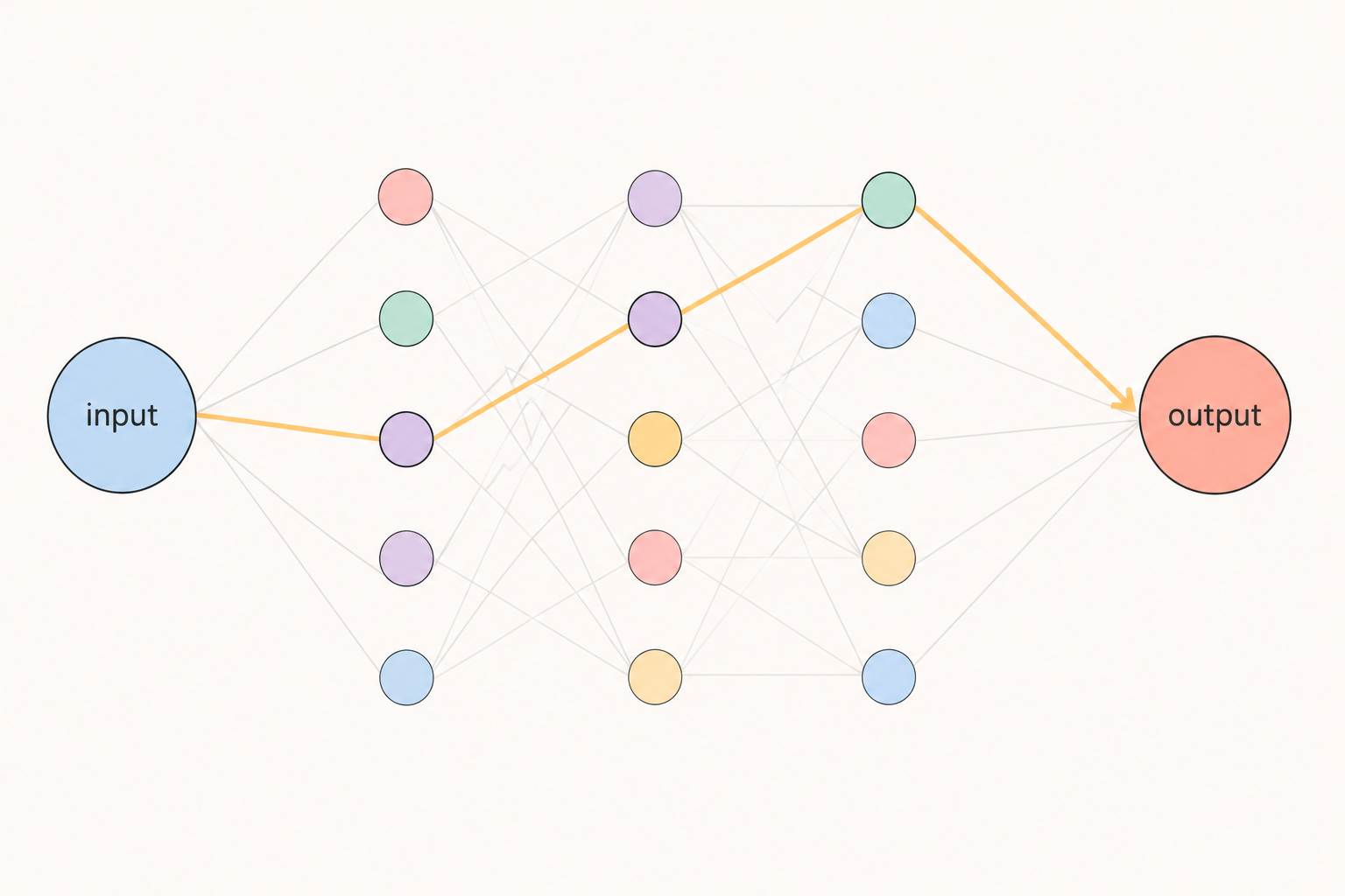 A neural network from input to output with one highlighted path tracing through specific neurons across the layers